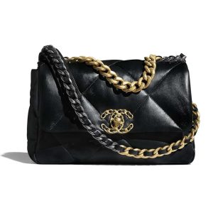 Replica Chanel Women 19 Flap Bag Lambskin Gold Silver-Tone Ruthenium-Finish Metal Black
