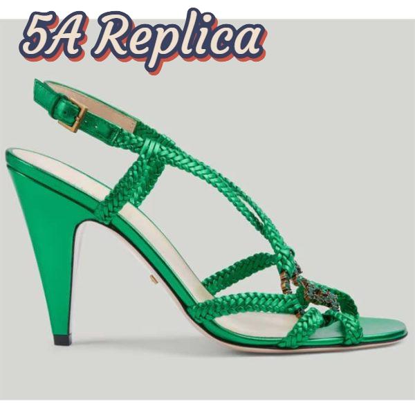 Replica Gucci Women GG Cystal Interlocking G Sandal Green Metallic Braided High 9 CM Heel