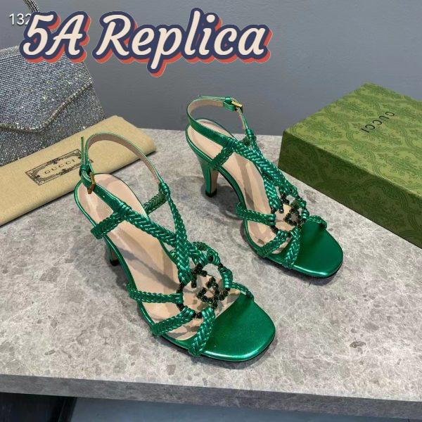 Replica Gucci Women GG Cystal Interlocking G Sandal Green Metallic Braided High 9 CM Heel 3