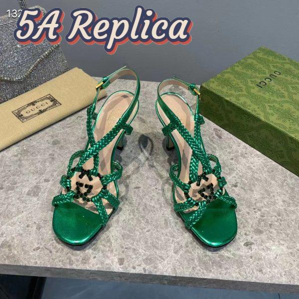 Replica Gucci Women GG Cystal Interlocking G Sandal Green Metallic Braided High 9 CM Heel 4