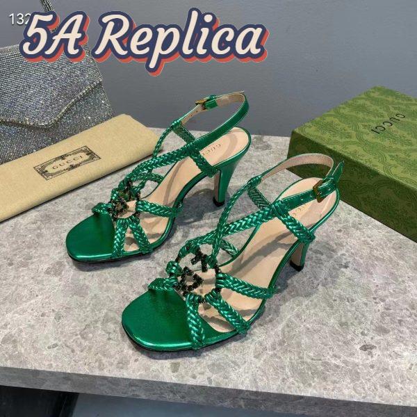 Replica Gucci Women GG Cystal Interlocking G Sandal Green Metallic Braided High 9 CM Heel 5