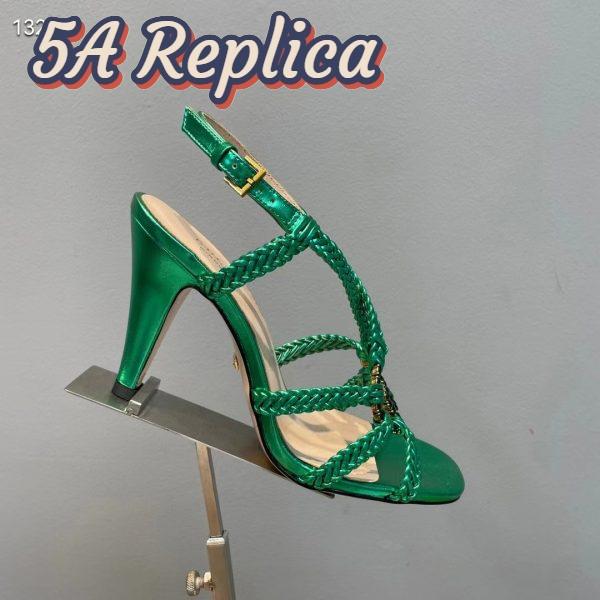 Replica Gucci Women GG Cystal Interlocking G Sandal Green Metallic Braided High 9 CM Heel 6