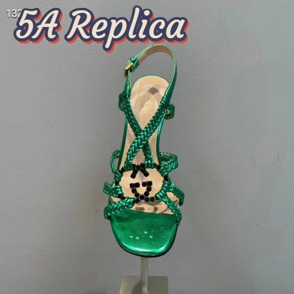 Replica Gucci Women GG Cystal Interlocking G Sandal Green Metallic Braided High 9 CM Heel 7