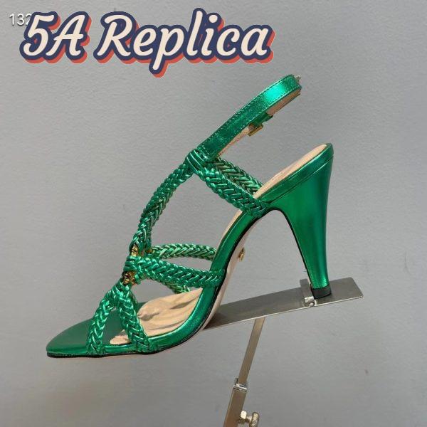 Replica Gucci Women GG Cystal Interlocking G Sandal Green Metallic Braided High 9 CM Heel 8