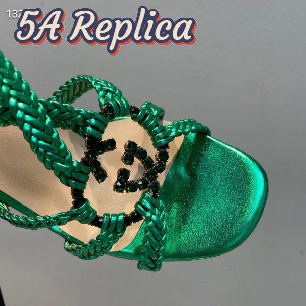 Replica Gucci Women GG Cystal Interlocking G Sandal Green Metallic Braided High 9 CM Heel 9