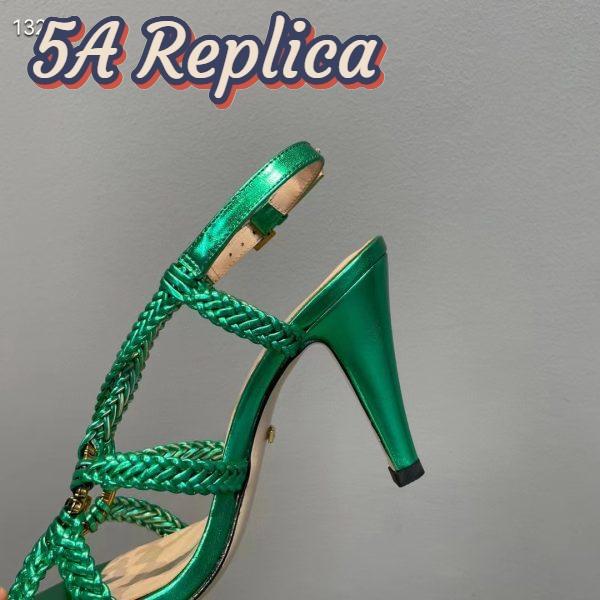 Replica Gucci Women GG Cystal Interlocking G Sandal Green Metallic Braided High 9 CM Heel 10