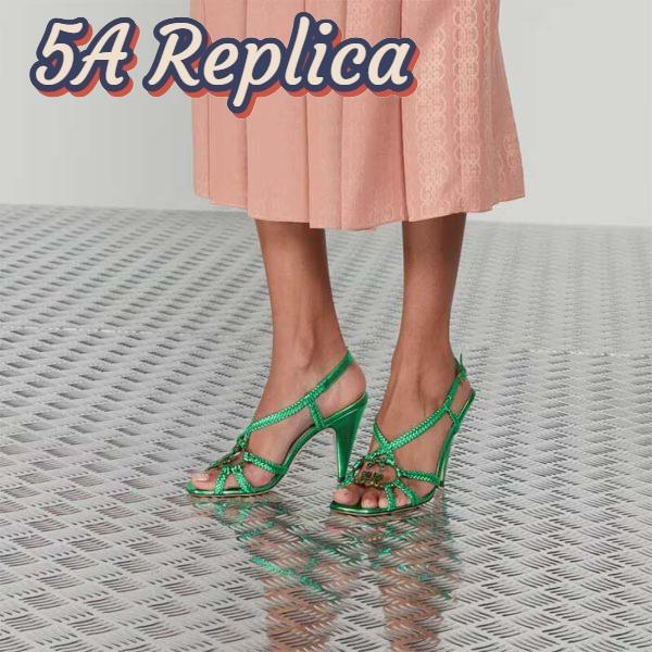 Replica Gucci Women GG Cystal Interlocking G Sandal Green Metallic Braided High 9 CM Heel 12