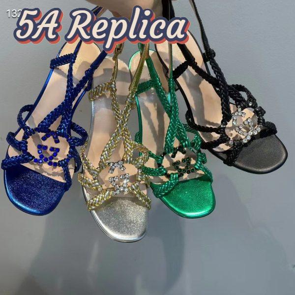 Replica Gucci Women GG Cystal Interlocking G Sandal Green Metallic Braided High 9 CM Heel 13