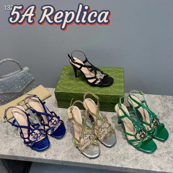 Replica Gucci Women GG Cystal Interlocking G Sandal Green Metallic Braided High 9 CM Heel 14