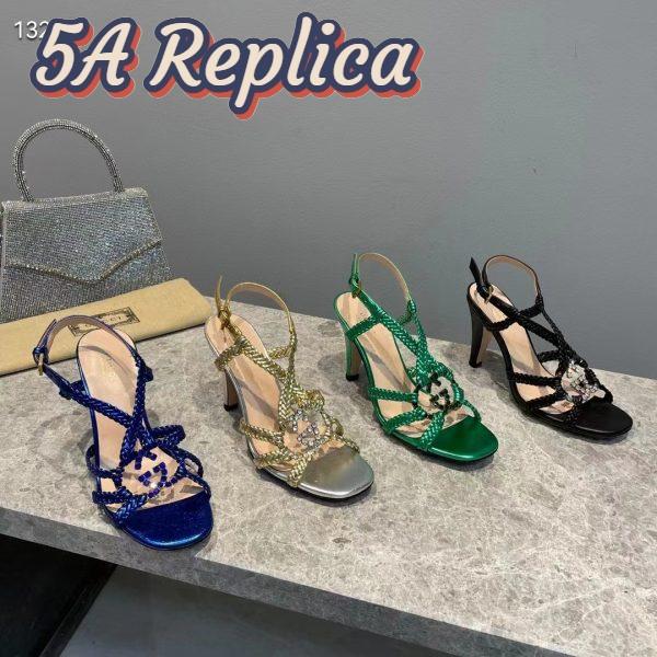Replica Gucci Women GG Cystal Interlocking G Sandal Green Metallic Braided High 9 CM Heel 15