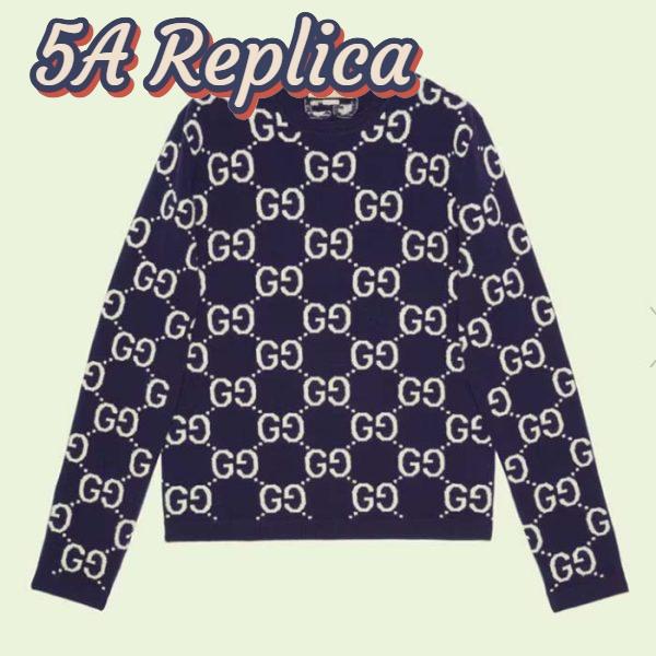 Replica Gucci Women GG Wool Jacquard Sweater Blue Ivory Long Sleeves Crewneck 2