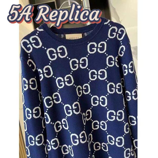 Replica Gucci Women GG Wool Jacquard Sweater Blue Ivory Long Sleeves Crewneck 4