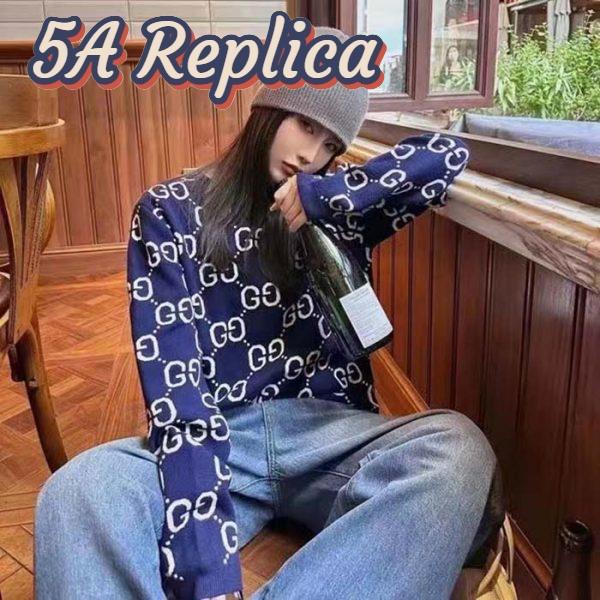 Replica Gucci Women GG Wool Jacquard Sweater Blue Ivory Long Sleeves Crewneck 8