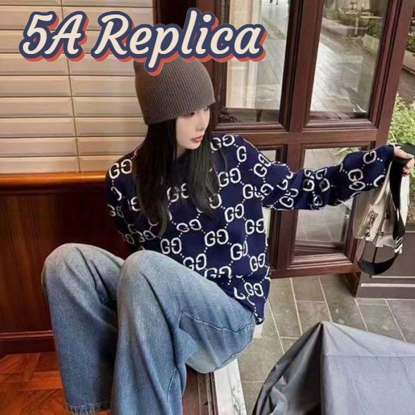 Replica Gucci Women GG Wool Jacquard Sweater Blue Ivory Long Sleeves Crewneck 9