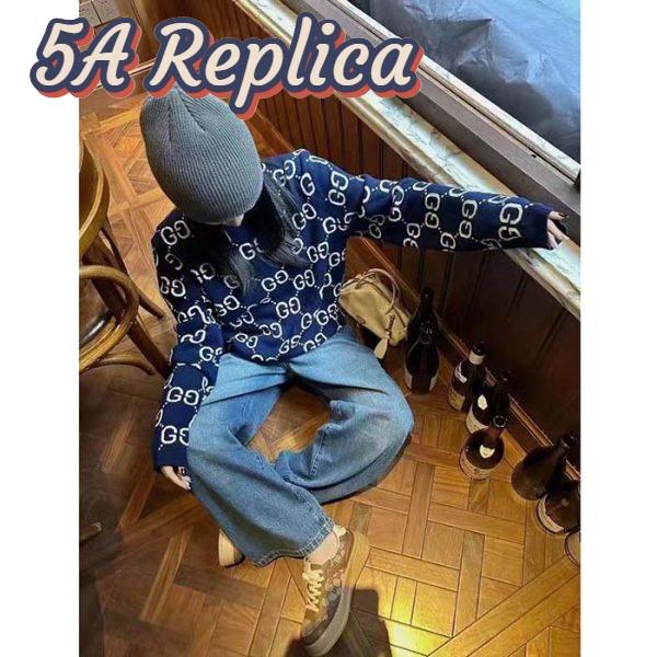 Replica Gucci Women GG Wool Jacquard Sweater Blue Ivory Long Sleeves Crewneck 12