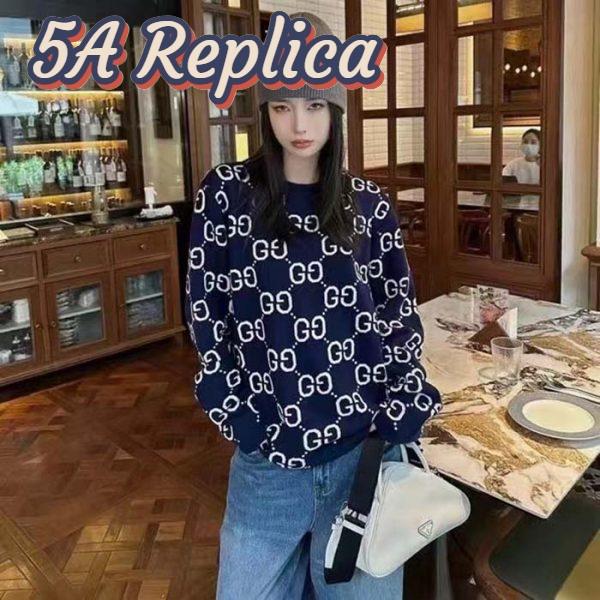 Replica Gucci Women GG Wool Jacquard Sweater Blue Ivory Long Sleeves Crewneck 13