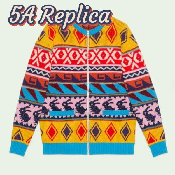 Replica Gucci Women GG Wool Jacquard Zip Jacket Multicolor Geometric Motif Wool Bunny Label