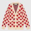 Replica Gucci Women Les Pommes Cotton Heart Sweater White Hearts Knit Cotton Jacquard V-Neck