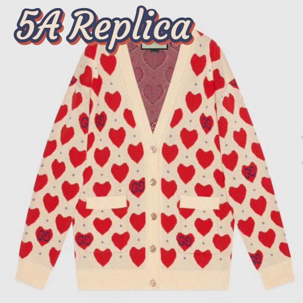 Replica Gucci Women’s Les Pommes Cotton Heart Sweater White Hearts Knit Cotton Jacquard V-Neck