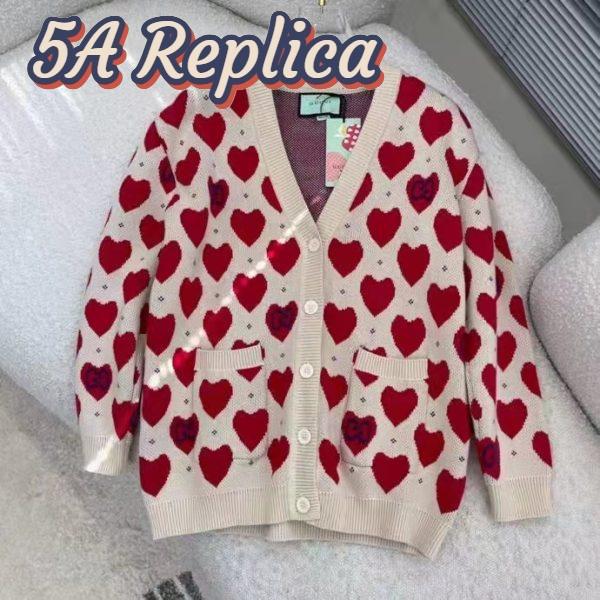 Replica Gucci Women’s Les Pommes Cotton Heart Sweater White Hearts Knit Cotton Jacquard V-Neck 3
