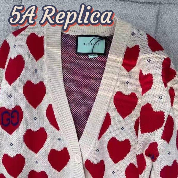 Replica Gucci Women’s Les Pommes Cotton Heart Sweater White Hearts Knit Cotton Jacquard V-Neck 5