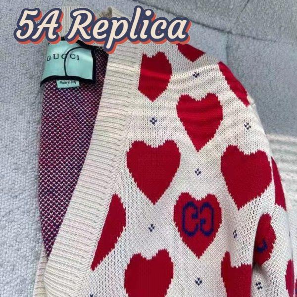 Replica Gucci Women’s Les Pommes Cotton Heart Sweater White Hearts Knit Cotton Jacquard V-Neck 7