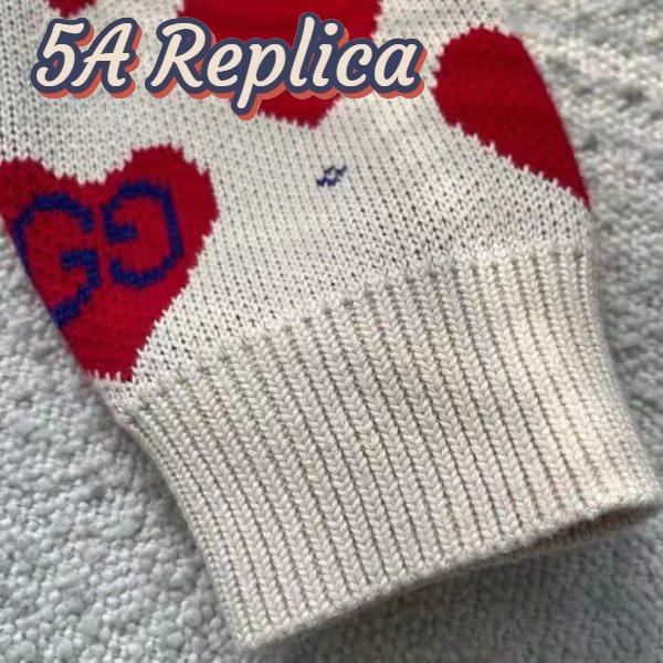 Replica Gucci Women’s Les Pommes Cotton Heart Sweater White Hearts Knit Cotton Jacquard V-Neck 9