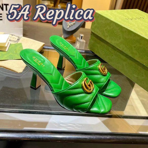 Replica Gucci Women GG Double G Slide Sandal Emerald Green Chevron Matelassé Leather 7.6 cm Heel 4