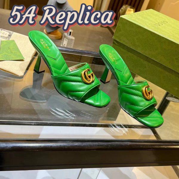 Replica Gucci Women GG Double G Slide Sandal Emerald Green Chevron Matelassé Leather 7.6 cm Heel 7