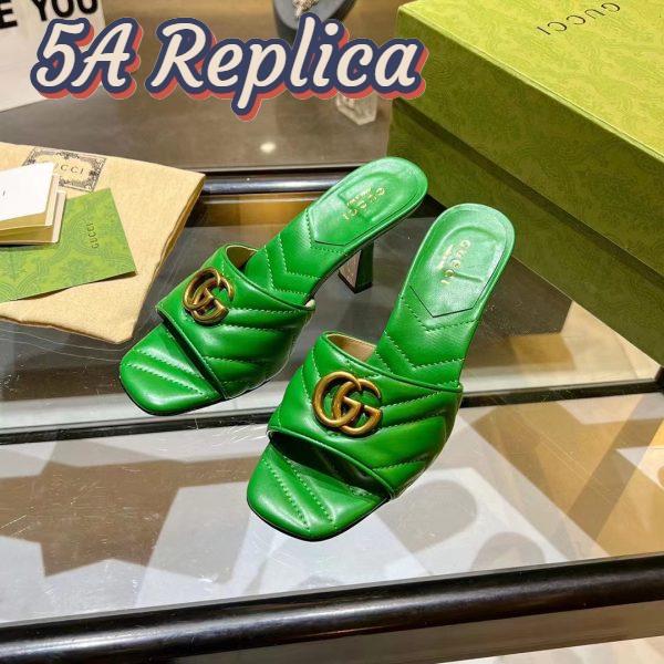 Replica Gucci Women GG Double G Slide Sandal Emerald Green Chevron Matelassé Leather 7.6 cm Heel 8