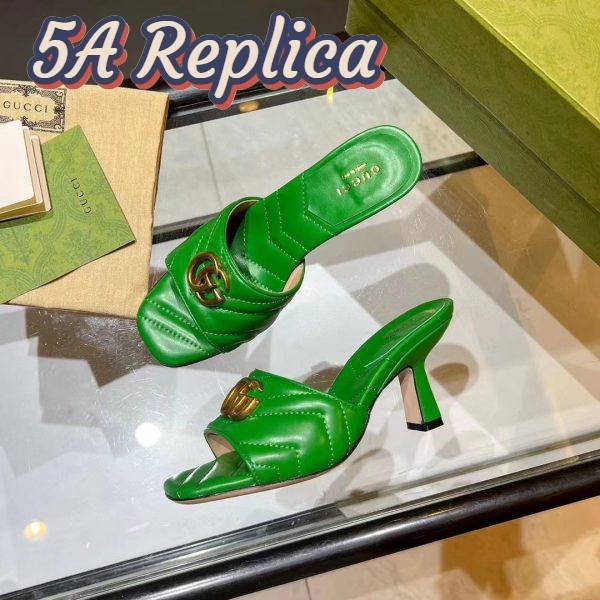 Replica Gucci Women GG Double G Slide Sandal Emerald Green Chevron Matelassé Leather 7.6 cm Heel 9