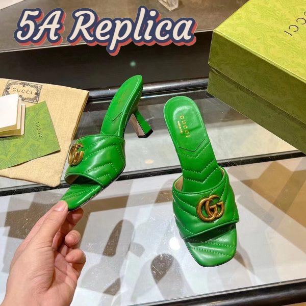 Replica Gucci Women GG Double G Slide Sandal Emerald Green Chevron Matelassé Leather 7.6 cm Heel 10