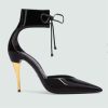 Replica Gucci Women GG Heeled Slide Sandals Black Leather Studs Spool High 15 Cm Heel 15