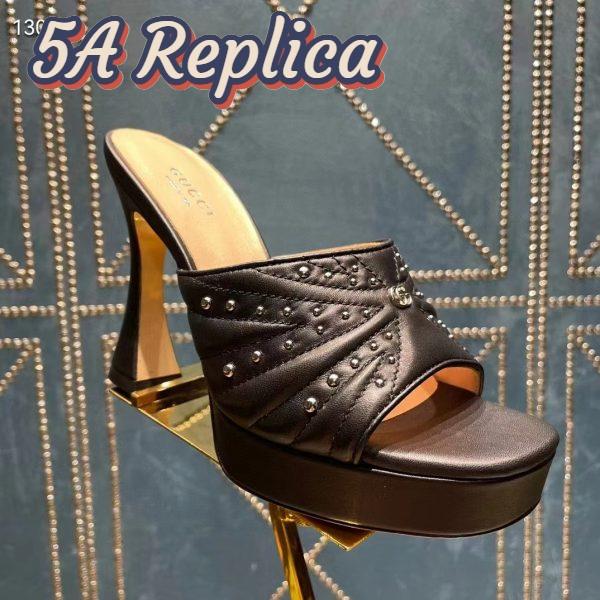 Replica Gucci Women GG Heeled Slide Sandals Black Leather Studs Spool High 15 Cm Heel 3