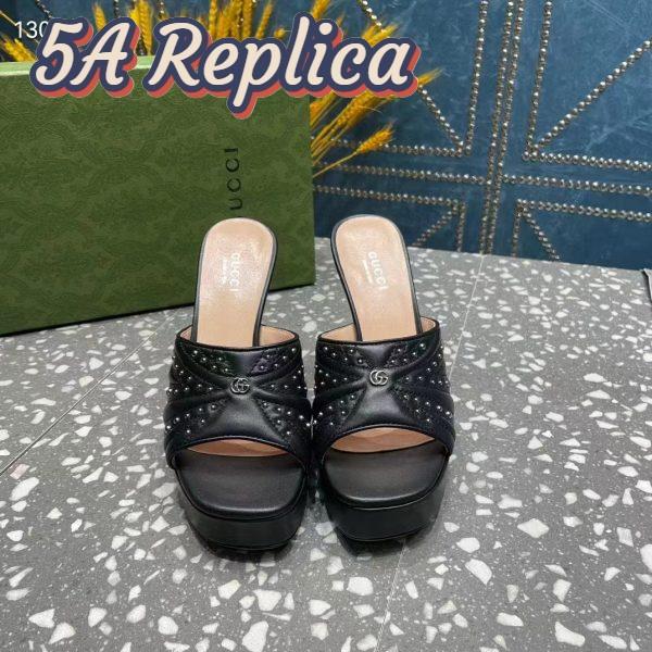 Replica Gucci Women GG Heeled Slide Sandals Black Leather Studs Spool High 15 Cm Heel 5