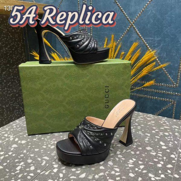 Replica Gucci Women GG Heeled Slide Sandals Black Leather Studs Spool High 15 Cm Heel 9