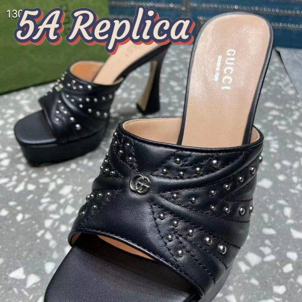 Replica Gucci Women GG Heeled Slide Sandals Black Leather Studs Spool High 15 Cm Heel 10