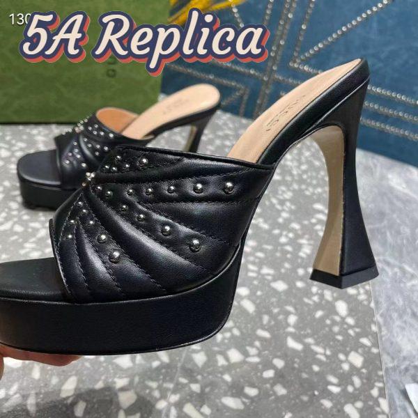 Replica Gucci Women GG Heeled Slide Sandals Black Leather Studs Spool High 15 Cm Heel 11