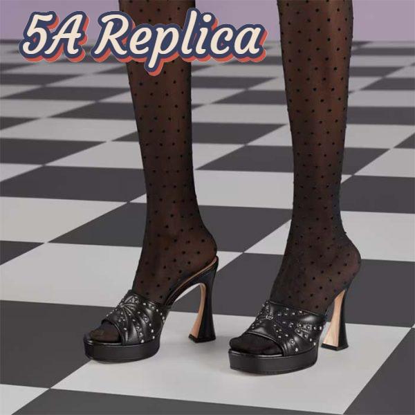 Replica Gucci Women GG Heeled Slide Sandals Black Leather Studs Spool High 15 Cm Heel 13