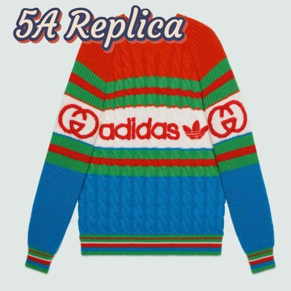 Replica Gucci Women GG Adidas x Gucci Wool Sweater Blue Orange Cable Stitch Crewneck 2