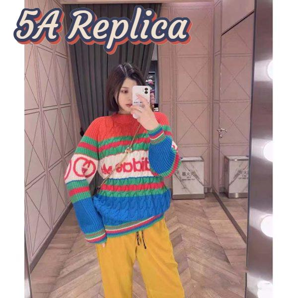 Replica Gucci Women GG Adidas x Gucci Wool Sweater Blue Orange Cable Stitch Crewneck 15