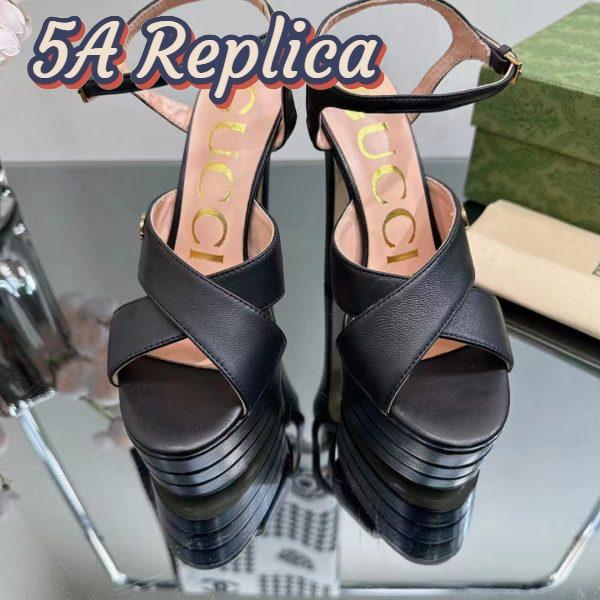 Replica Gucci Women GG Horsebit Platform Sandal Black Leather Double G High 13 CM Heel 4