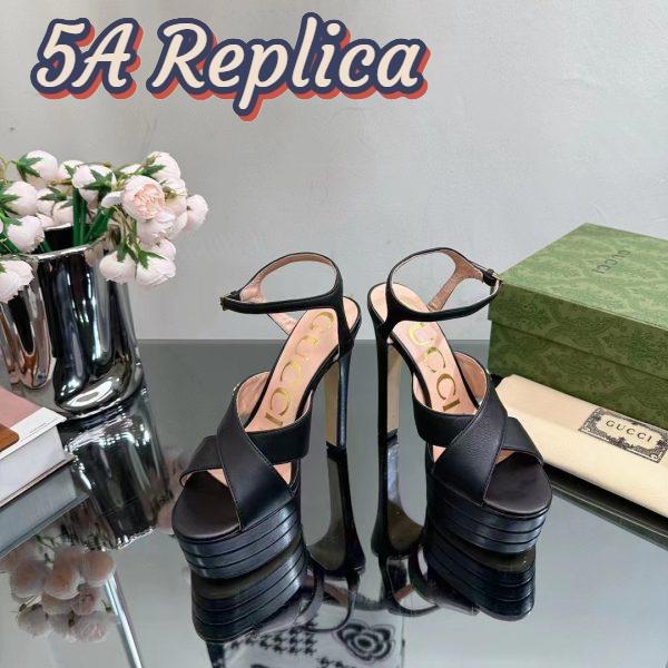Replica Gucci Women GG Horsebit Platform Sandal Black Leather Double G High 13 CM Heel 5