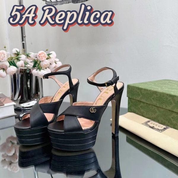 Replica Gucci Women GG Horsebit Platform Sandal Black Leather Double G High 13 CM Heel 6