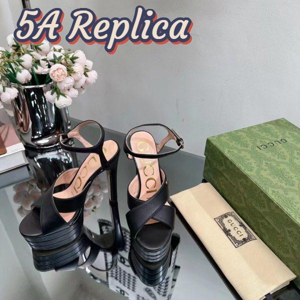 Replica Gucci Women GG Horsebit Platform Sandal Black Leather Double G High 13 CM Heel 7