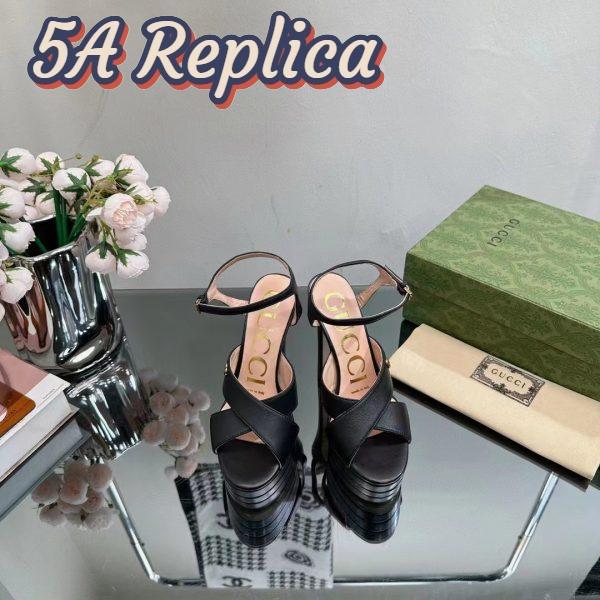 Replica Gucci Women GG Horsebit Platform Sandal Black Leather Double G High 13 CM Heel 8