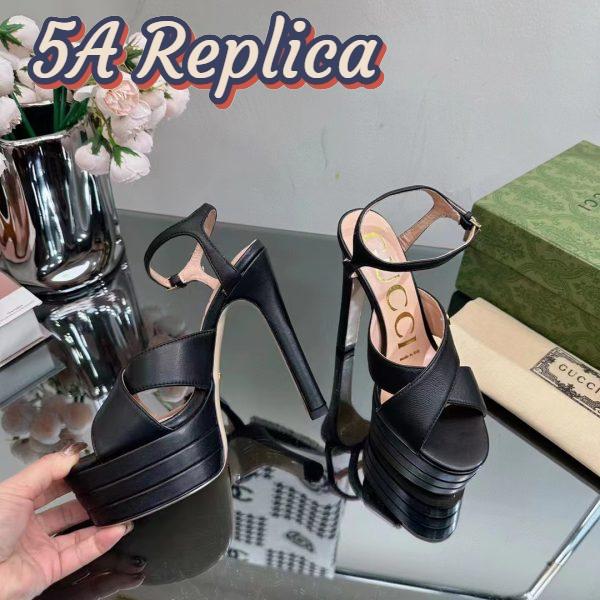 Replica Gucci Women GG Horsebit Platform Sandal Black Leather Double G High 13 CM Heel 10