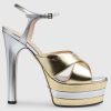 Replica Gucci Women GG Horsebit Platform Sandal Gold Silver Metallic Leather High 13 CM Heel
