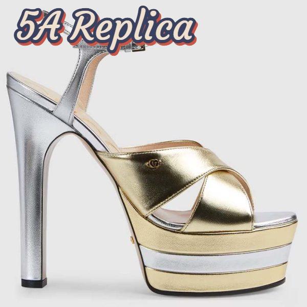 Replica Gucci Women GG Horsebit Platform Sandal Gold Silver Metallic Leather High 13 CM Heel
