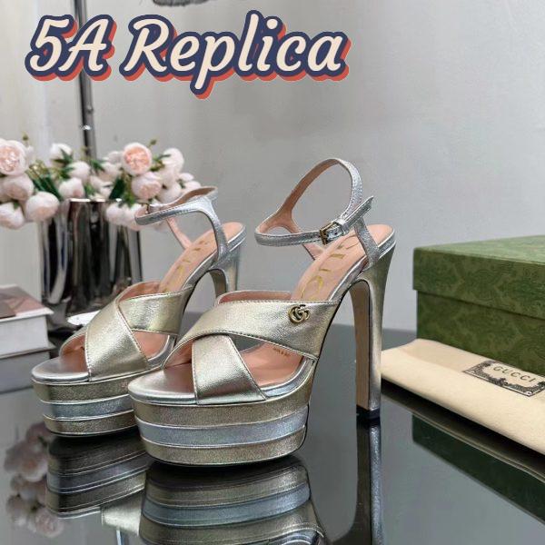 Replica Gucci Women GG Horsebit Platform Sandal Gold Silver Metallic Leather High 13 CM Heel 3